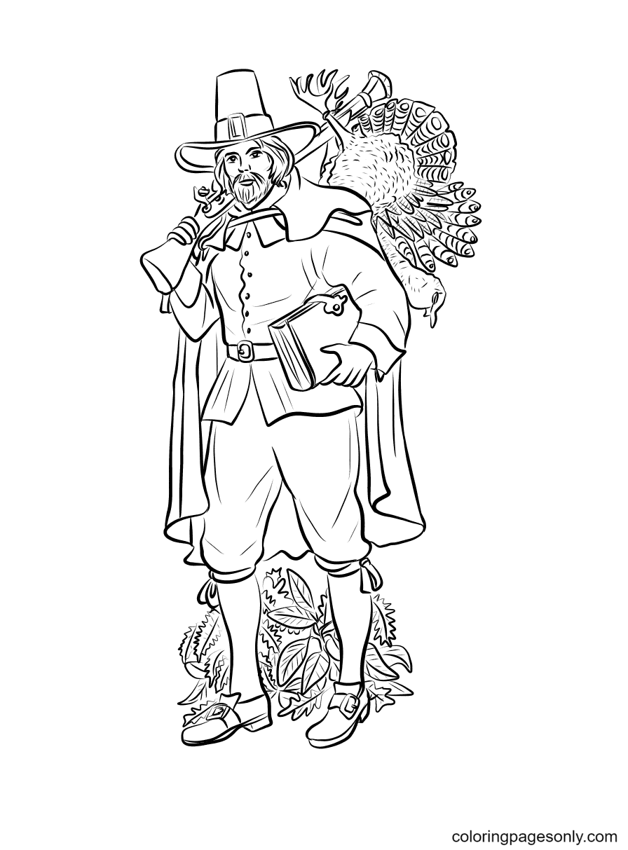 Раскраска Пилигрим с мушкетом и индейкой