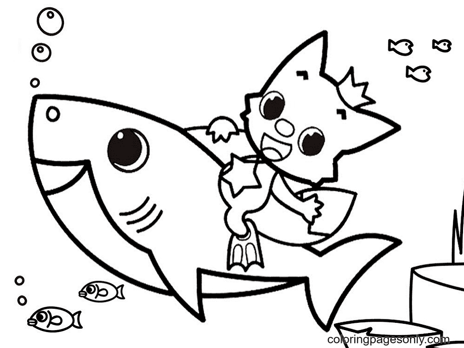 Pinkfong cavalca un cucciolo di squalo da Baby Shark