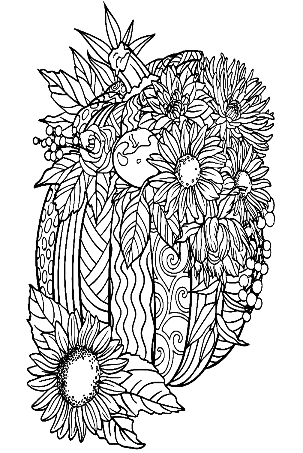 Pretty Halloween Pumpkin And Sunflowers Coloring Pages