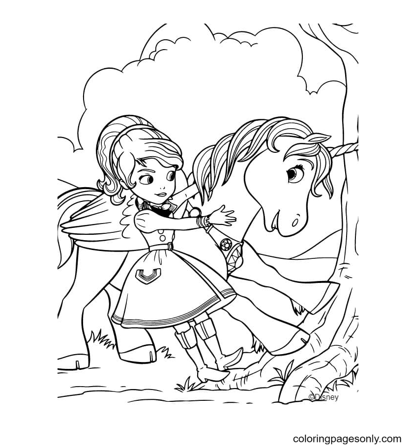 Princess Sofia and the flying Unicorn Coloring Page