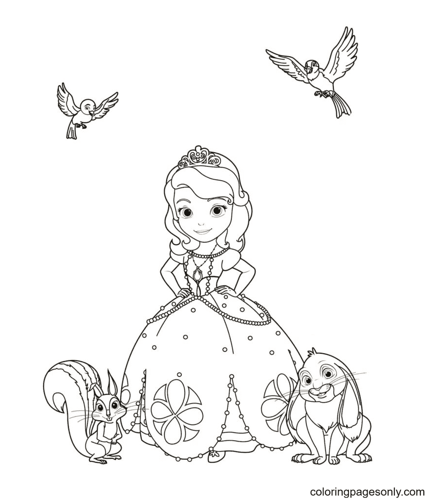 Principessa Sofia, scoiattolo, coniglietto, uccelli da colorare