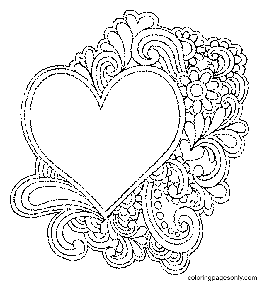 Página para colorear imprimible de corazones y flores