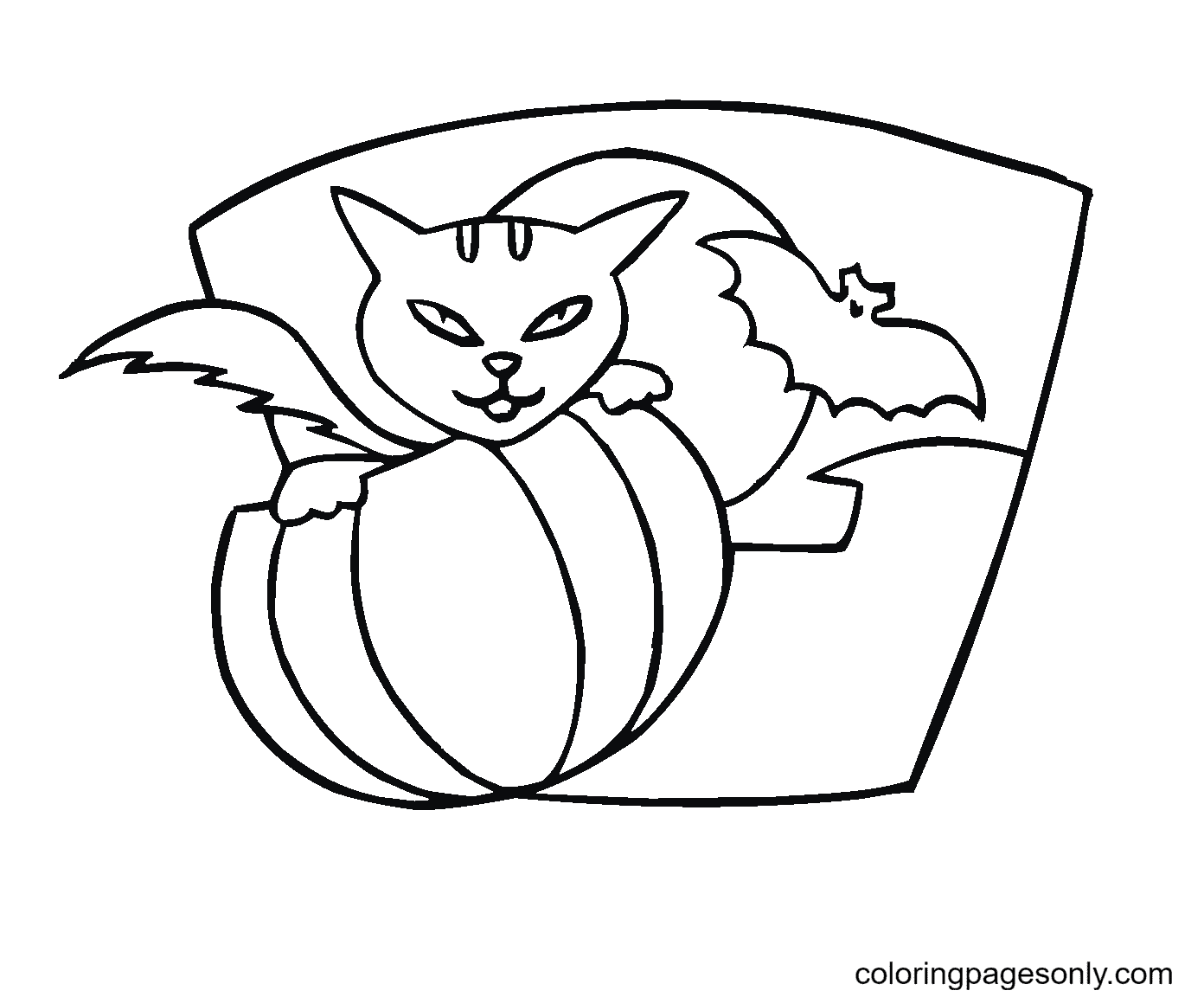 Pumpkin Cat and Bat Coloring Page