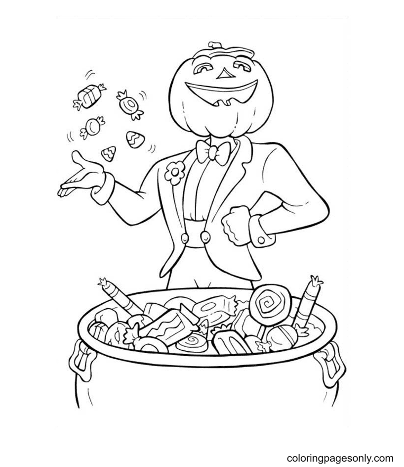 Pumpkin Jack O’ Lantern Throwing Some Candy Treats on Coloring Page