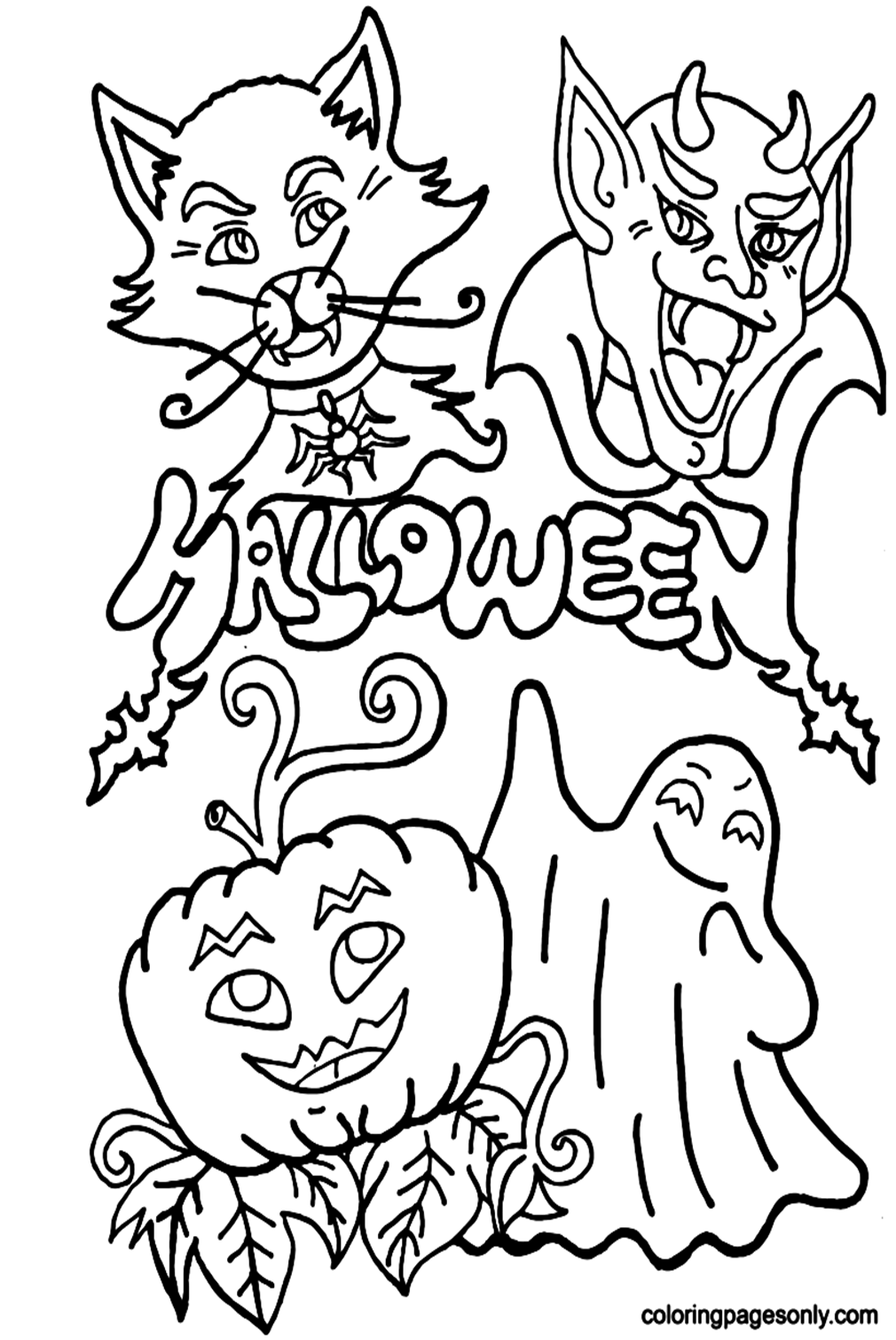 Pumpkin Lamp and Monsters Coloring Pages