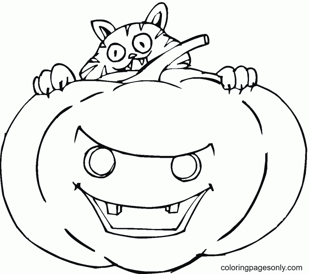 Pumpkin and Cat Coloring Page