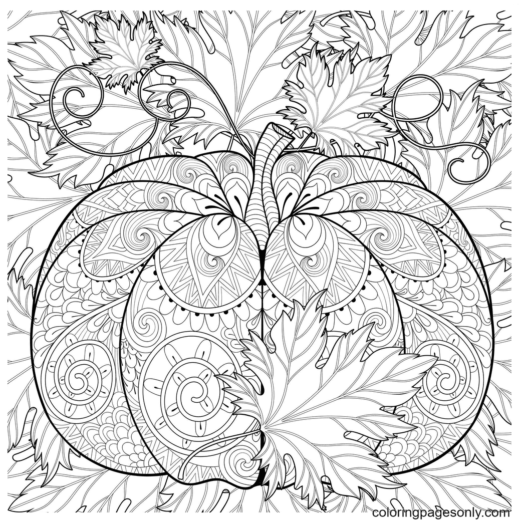 Pumpkin with Autumn leaves Coloring Page