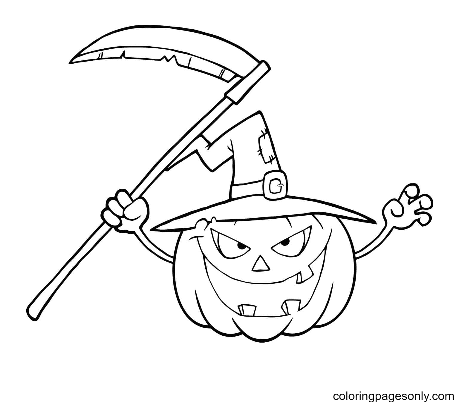 Calabaza aterradora de Halloween con sombrero de bruja y guadaña de Jack O'Lantern