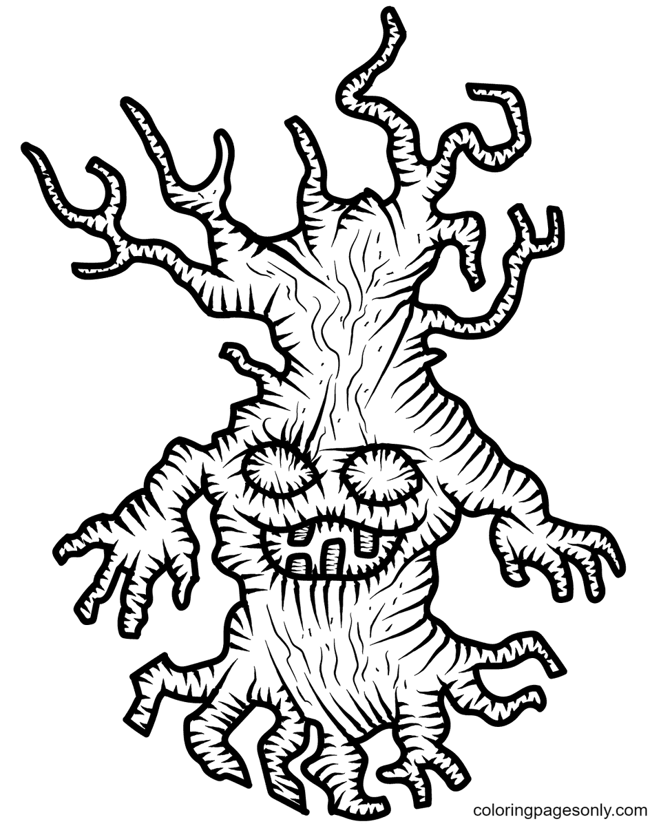 Página para colorear de árbol embrujado de miedo