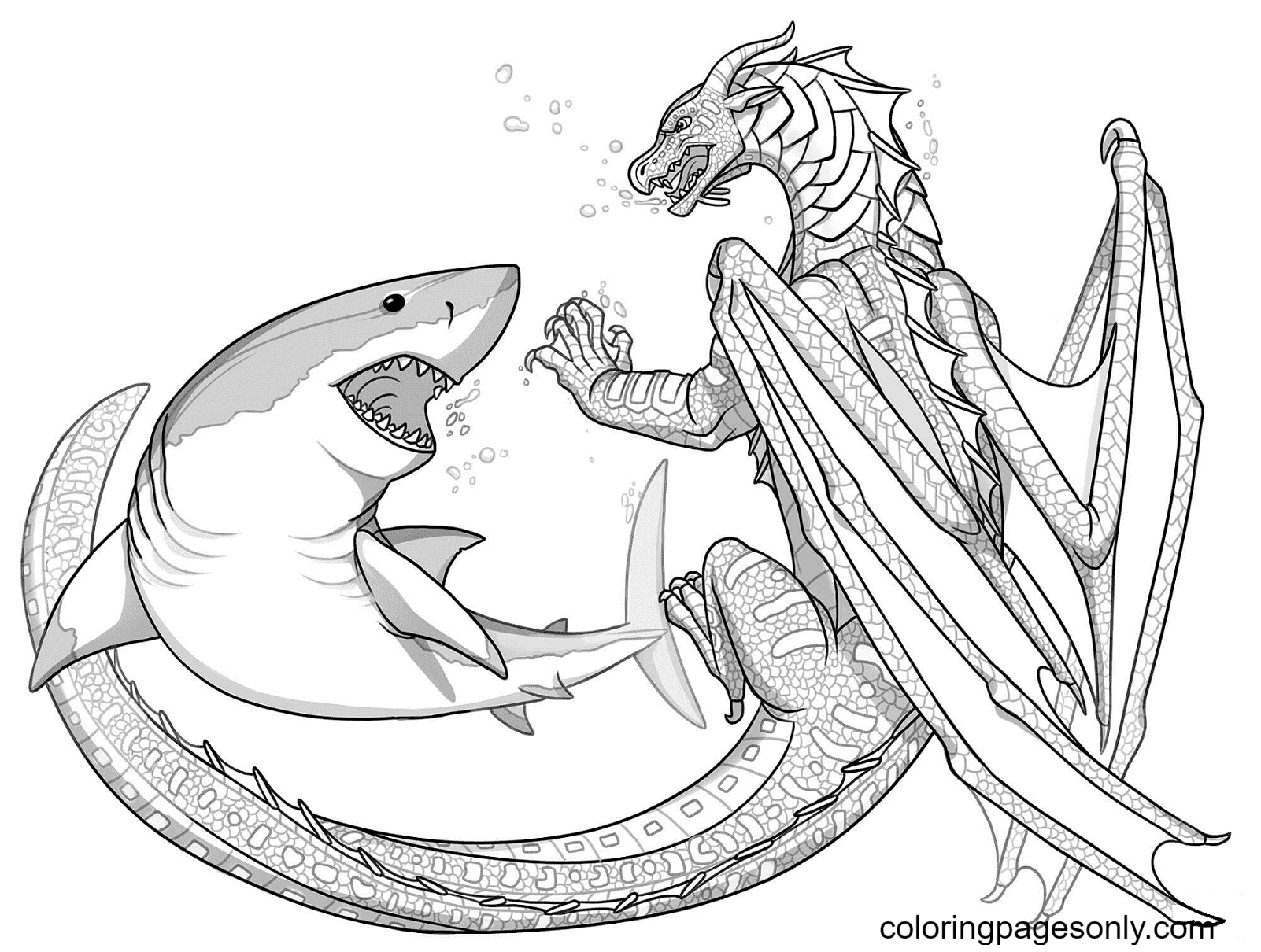 Dragón Seawing con Tiburones Página para Colorear