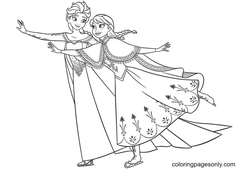 Desenho para colorir das irmãs Elsa e Anna se divertindo
