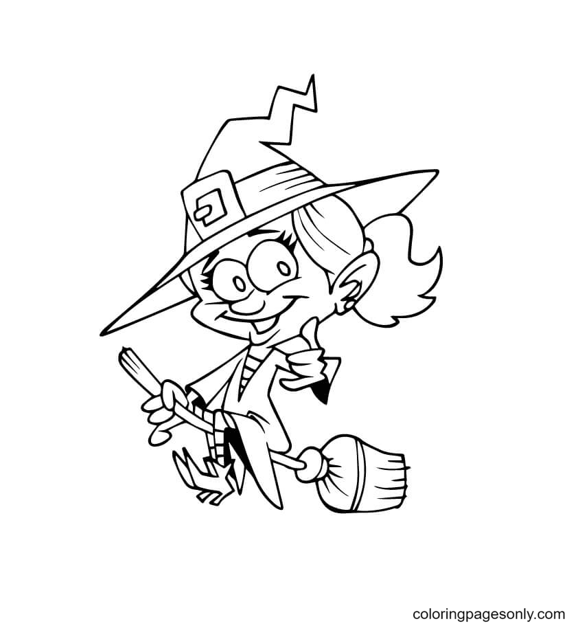 Smiling Witch on a Broom Coloring Page