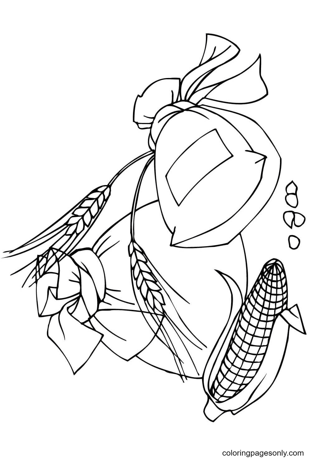 Desenho de espigas de espiga de milho e sacos de farinha para colorir