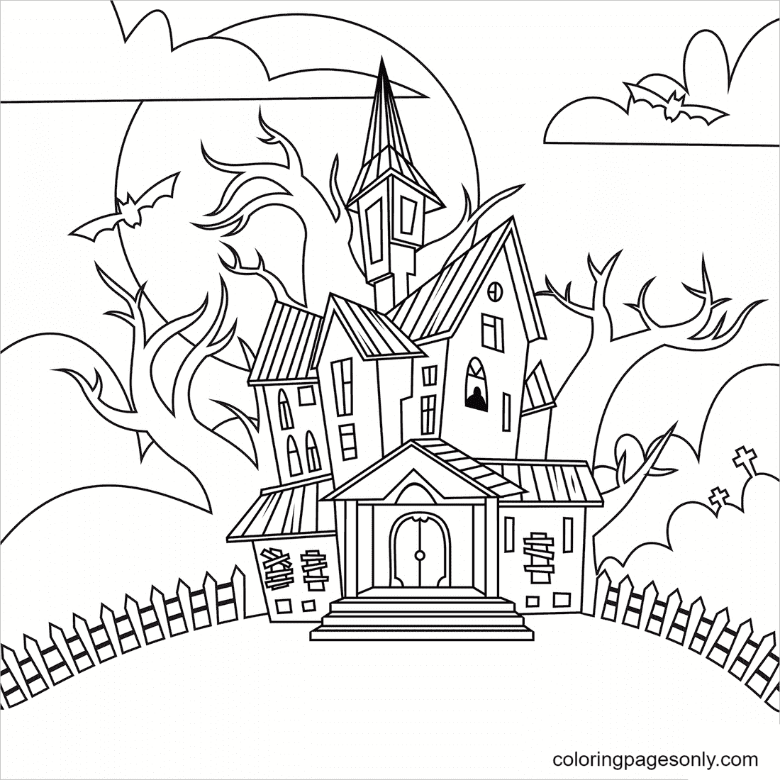 Coloriage maison fantasmagorique avec des fantômes