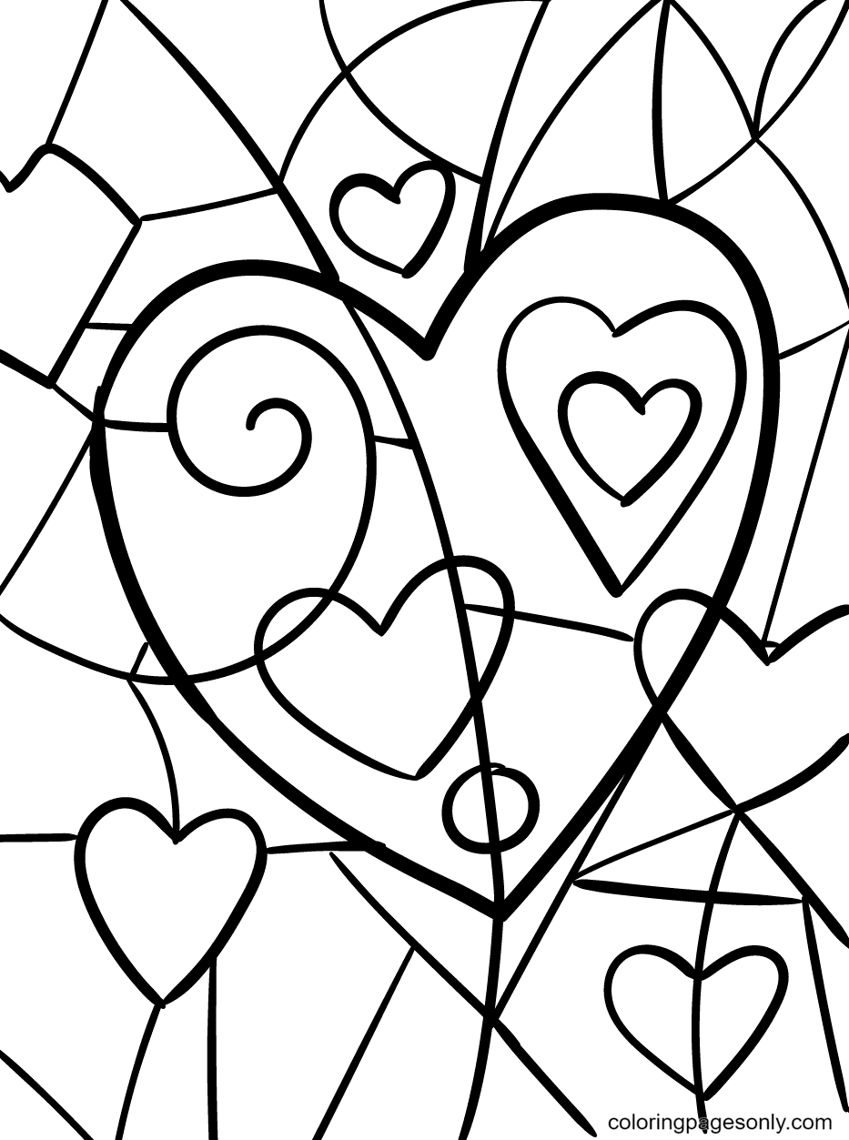 Stained Glass and Hearts Coloring Page