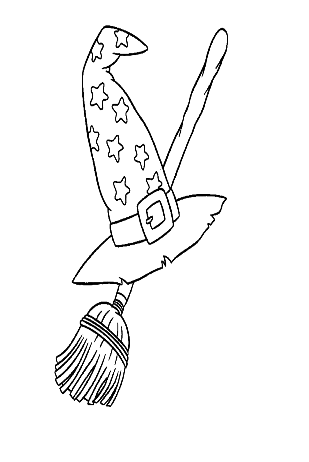 Starry Witch Hat and Flying Broom Coloring Pages