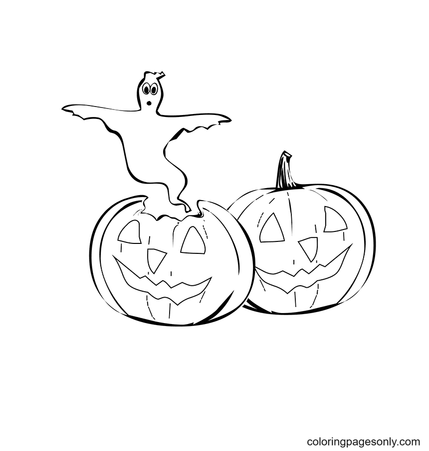 The Cute Halloween Pumpkins and Ghost Coloring Page
