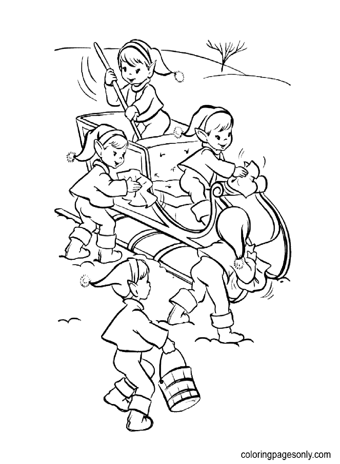 The Elves Clear The Carriage For Santa Claus Coloring Pages