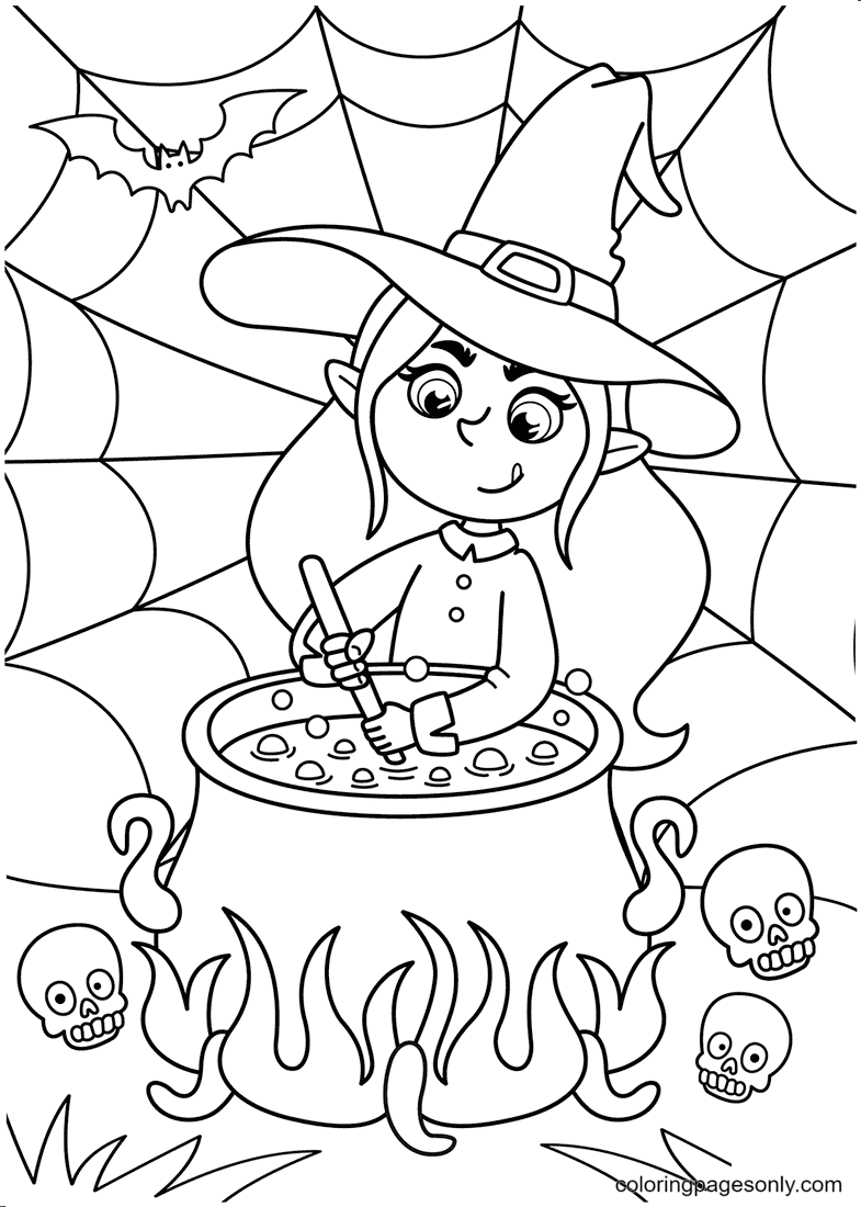 De kleine heks kookt gif in de ketel van Halloween Witch
