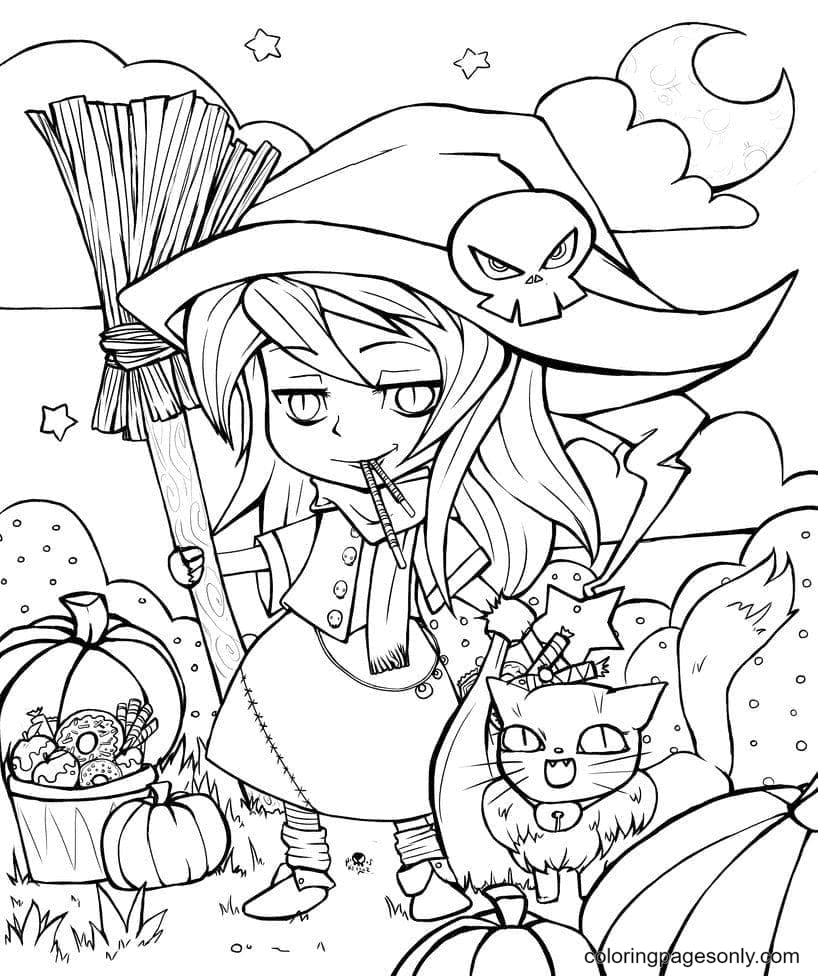 The Little Witch and the Black Cat Coloring Page