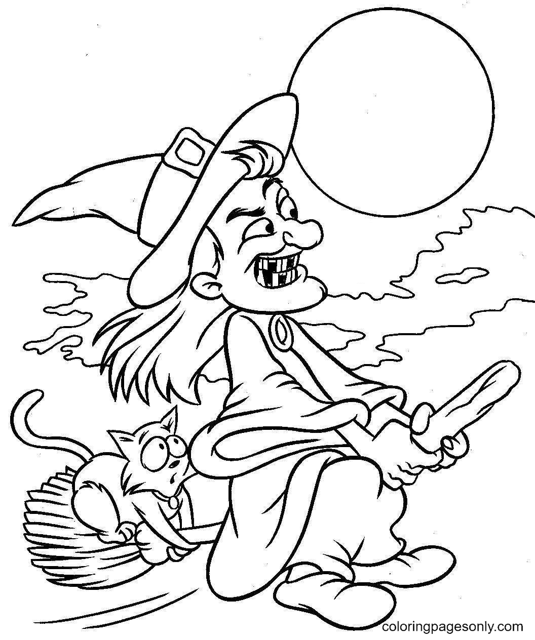 The Witch and The Black Cat on the Flying Broom Coloring Pages