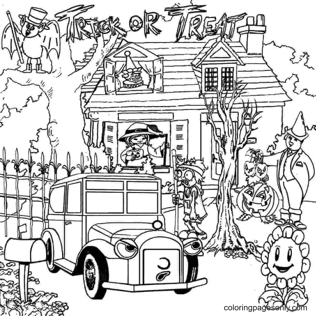 Trick or Treat Haunted House Coloring Page
