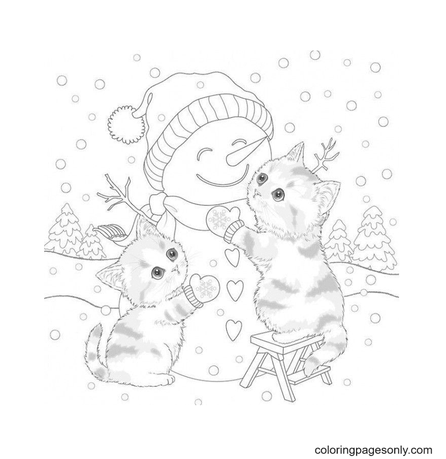 Deux chatons mignons étreignant le bonhomme de neige de Kitten
