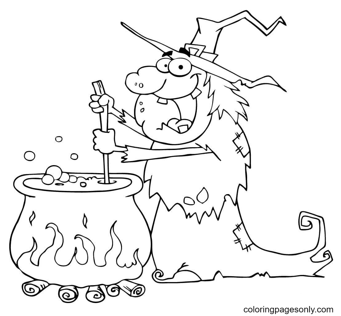 Ugly Halloween Witch Preparing a Potion Coloring Page