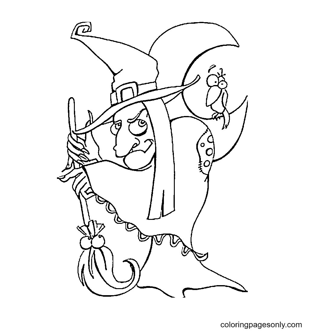 Ugly Witch with a Broom Coloring Page