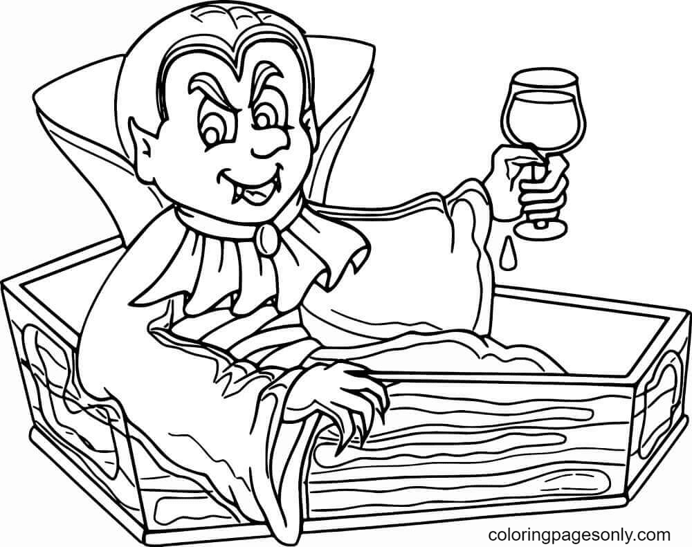 吸血鬼拿着酒杯坐在棺材上着色页