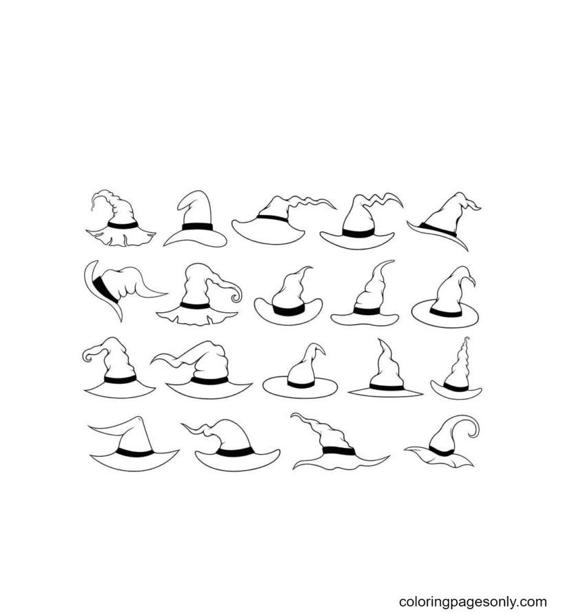 Various Styles Of Witch Hats Coloring Pages