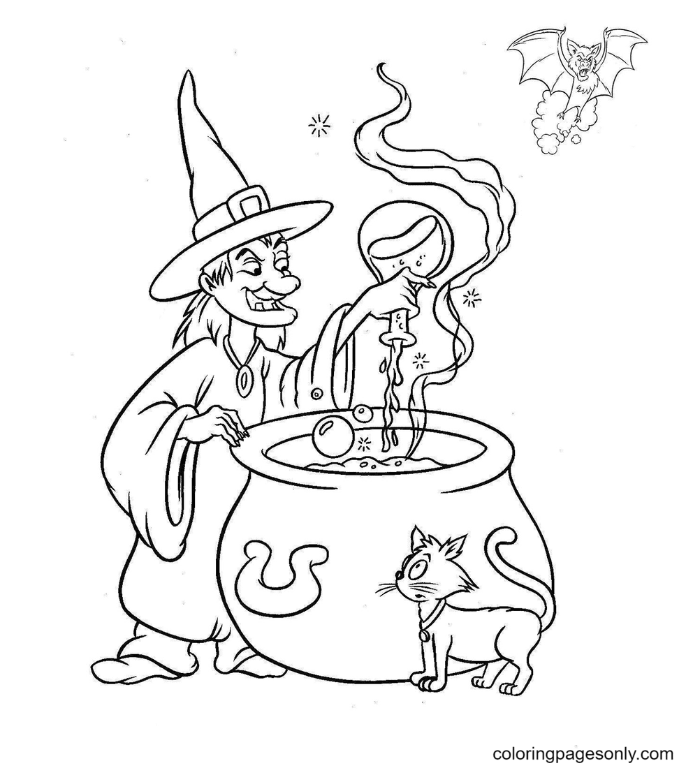 Hexe übt Magie im Kessel von Halloween Witch
