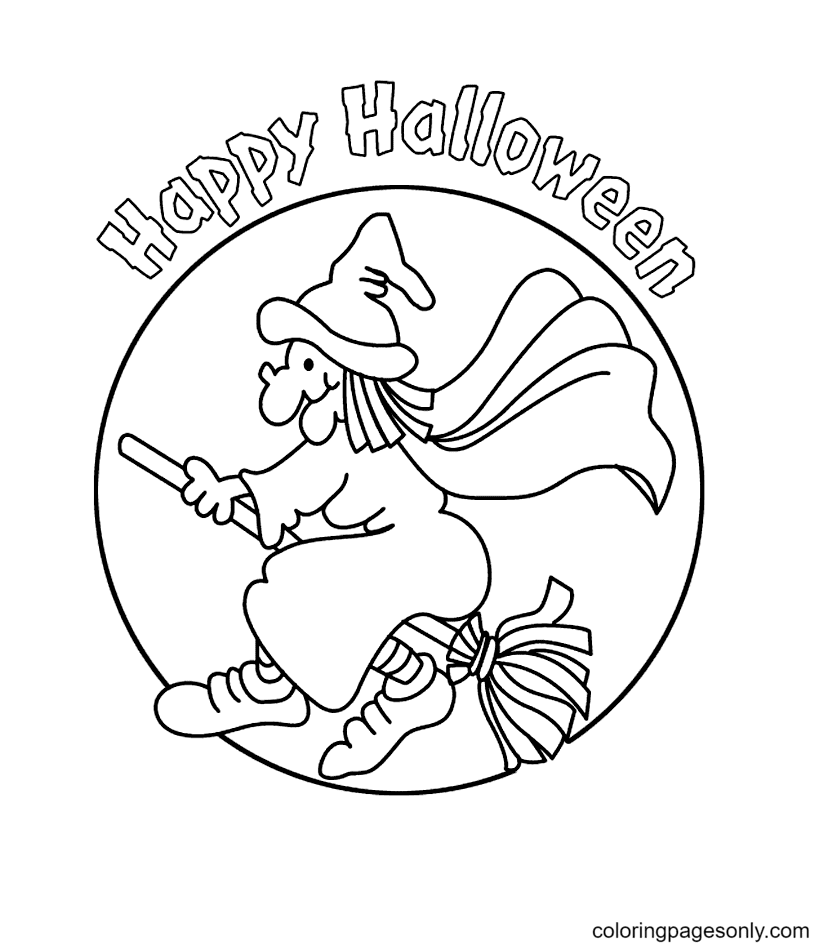 Witch With Black Robes on Flying Broom Coloring Pages
