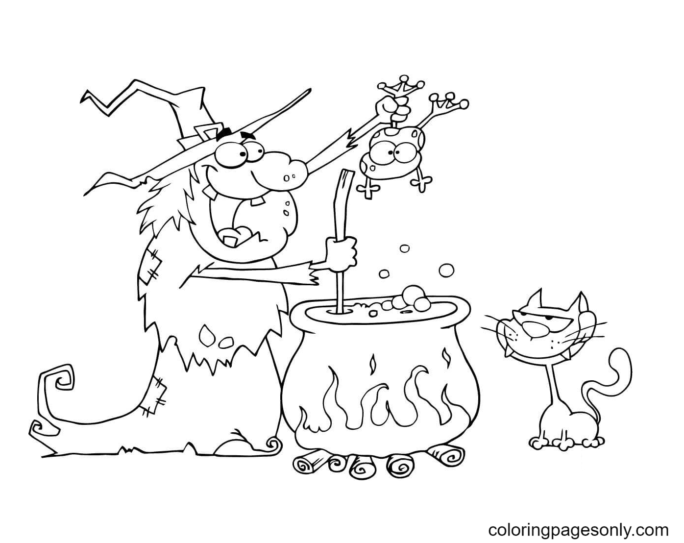 Witch holding a Frog Preparing to Cook Medicine Coloring Pages