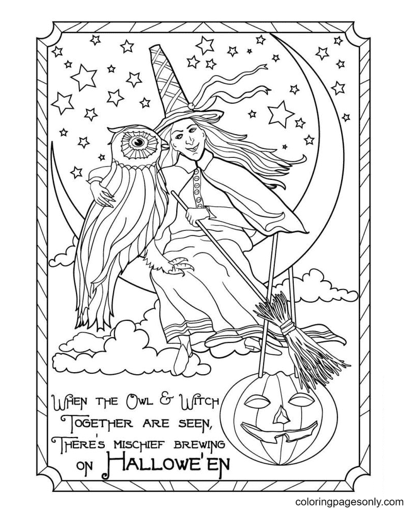 Witch sitting on the Moon with a Bird Coloring Page