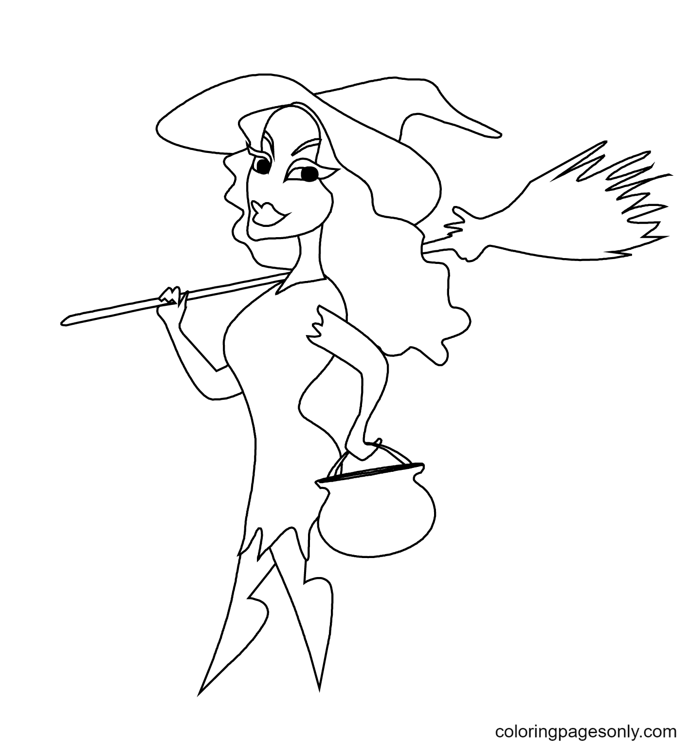 Witch with Broomstick and Cauldron Coloring Page