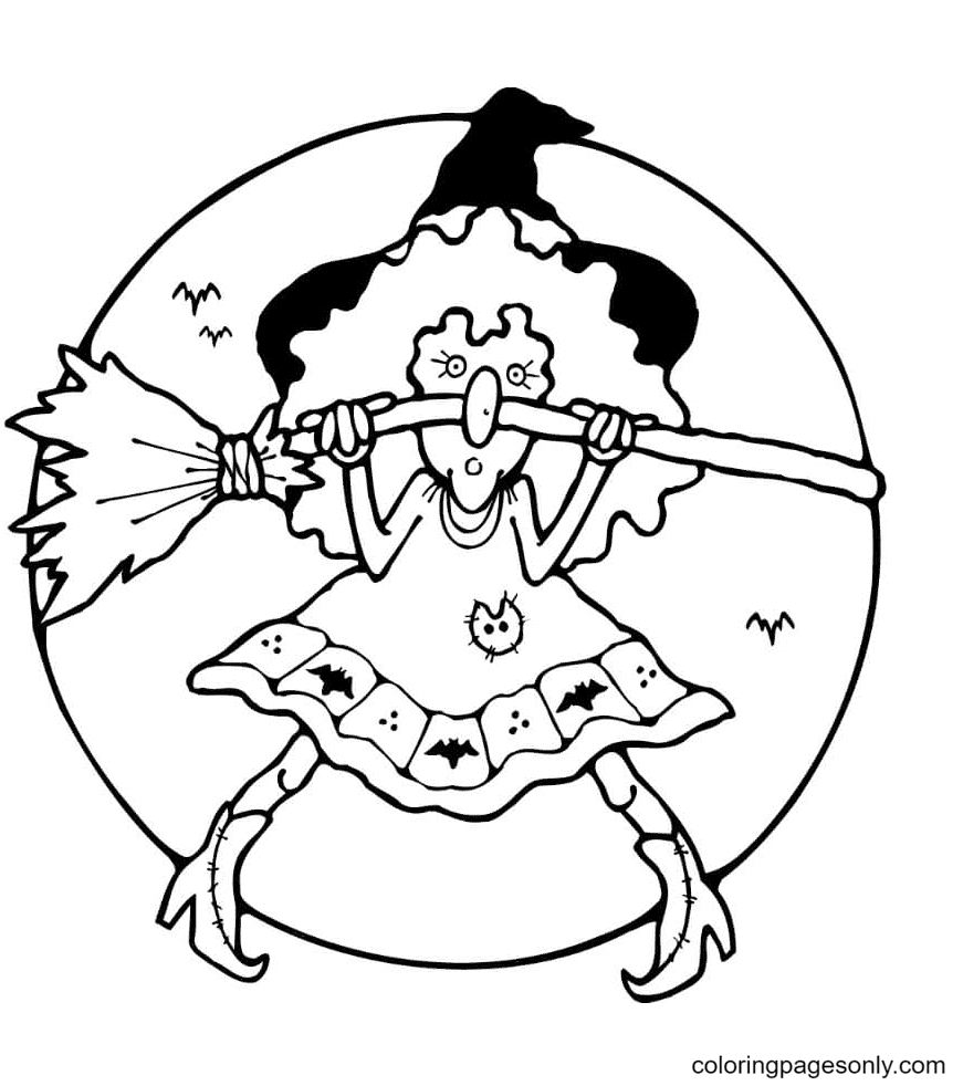Witch with her Broom Coloring Page