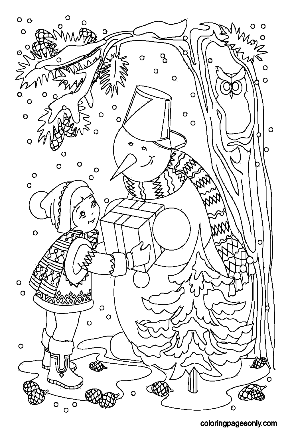 A Little Girl And A Snowman With A Present Coloring Page