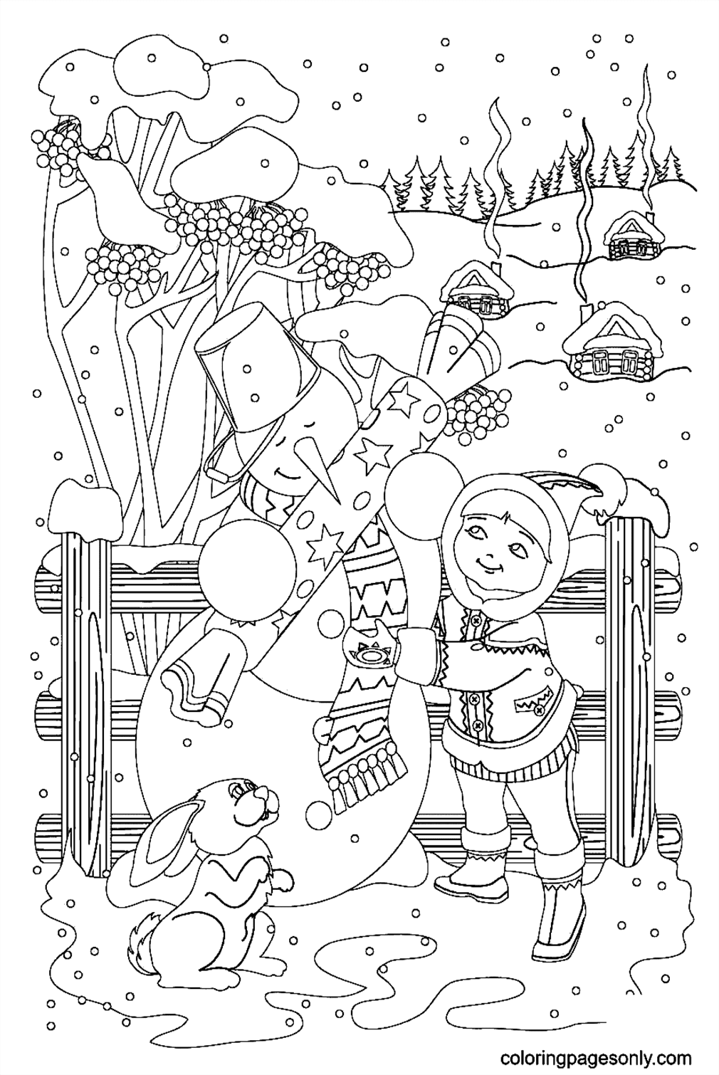 A Little Girl Is Giving A Present To A Snowman Coloring Page