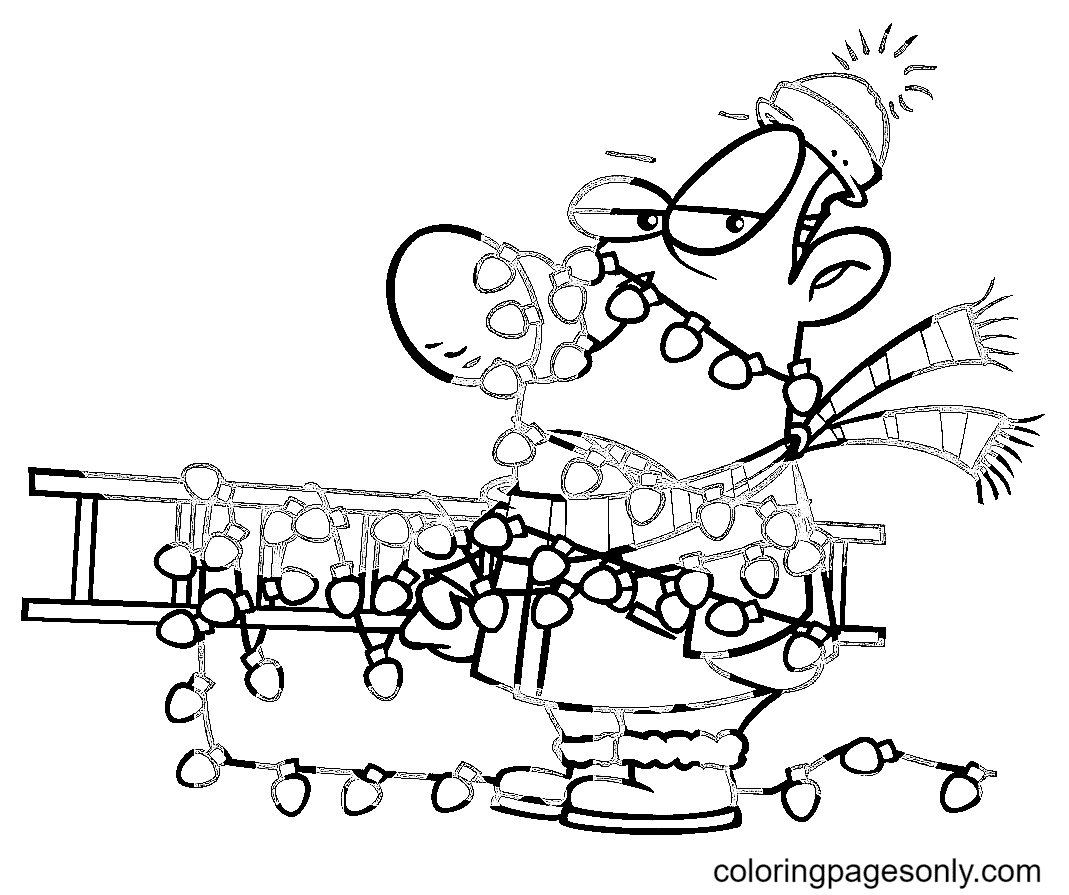 A Man Tangled in Christmas Lights Coloring Page