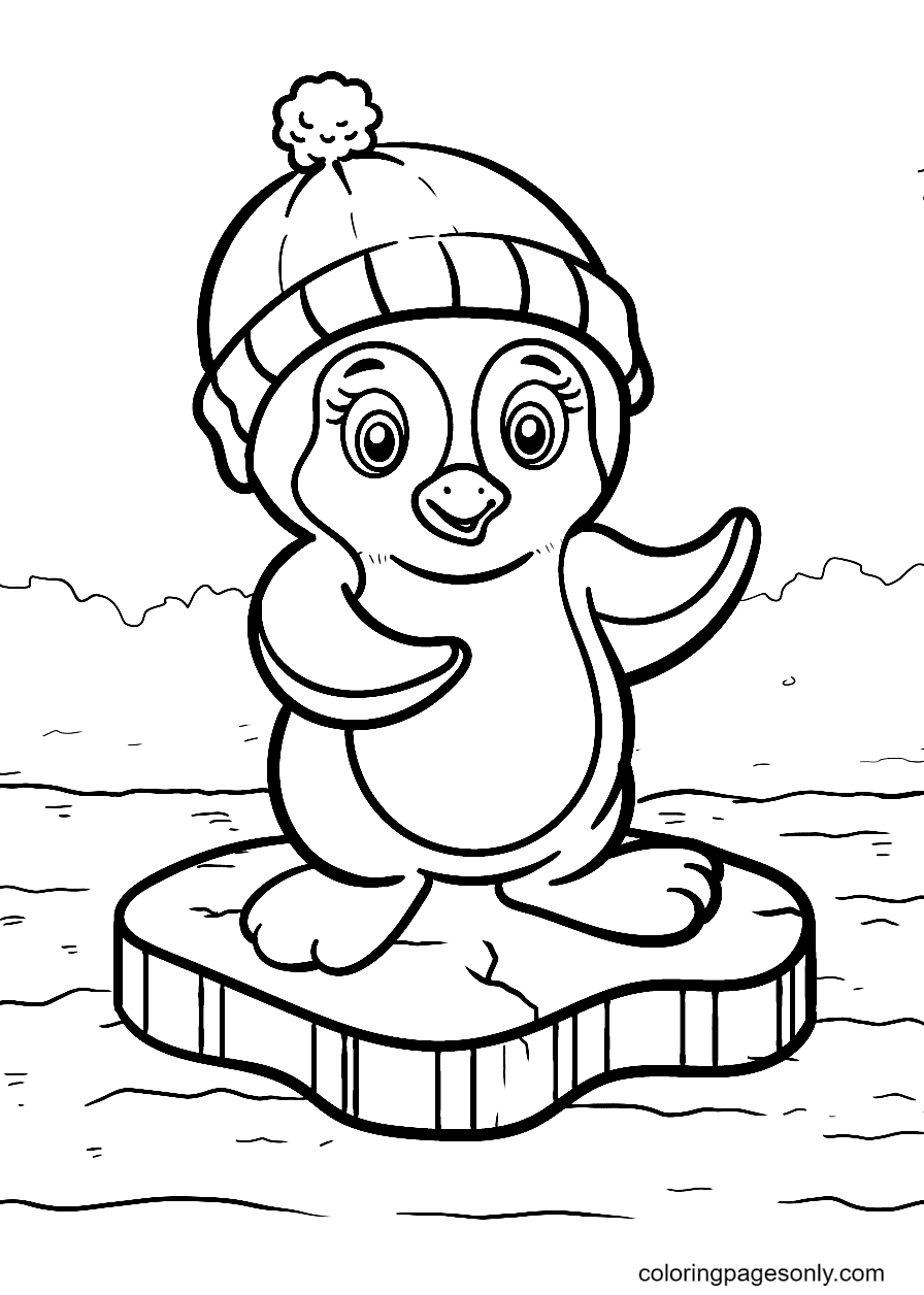Adorable Penguin Walking on an Ice Block Coloring Page