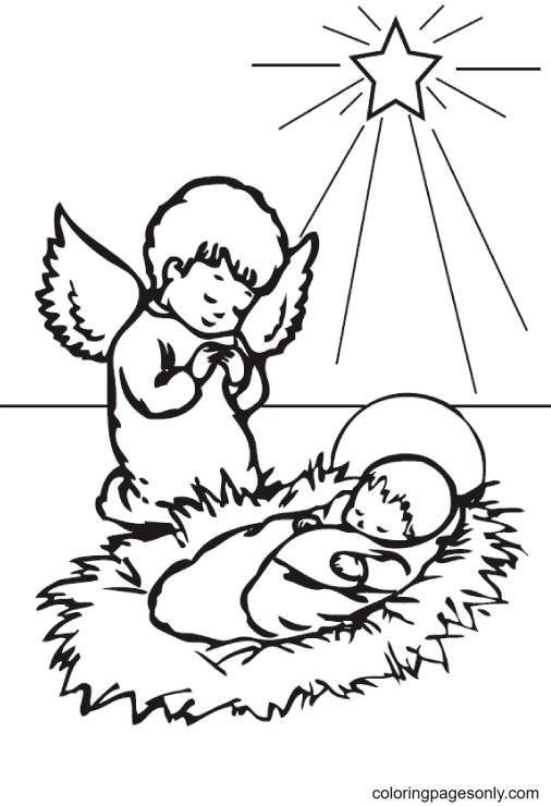 Desenho de Anjo Natal com Menino Jesus para colorir