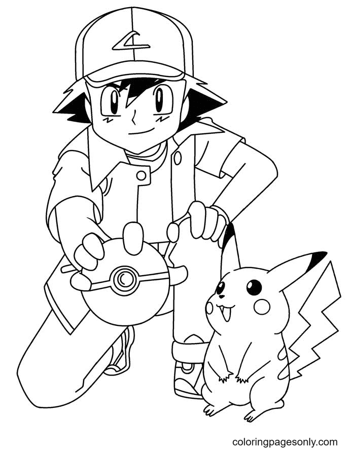 Kleurplaat Ash en Pikachu