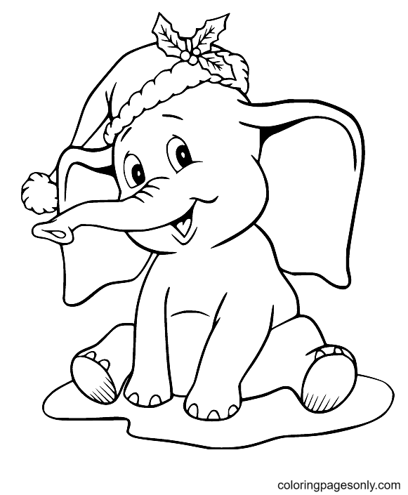 Baby Elephant In The Christmas Hat Coloring Pages