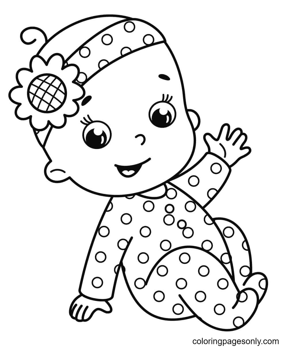 Página para colorir de bebê menina acenando com a mão