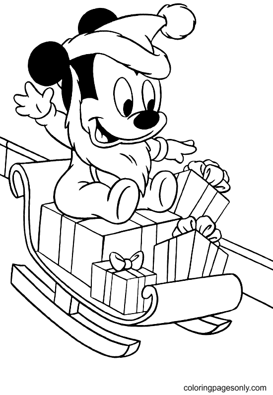 Baby Mickey Mouse op een slee uit Disney Christmas