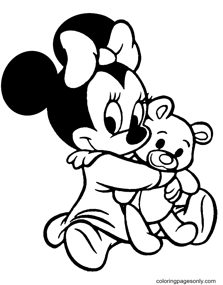 Baby Minnie Mouse Hugs Teddy Coloring Page