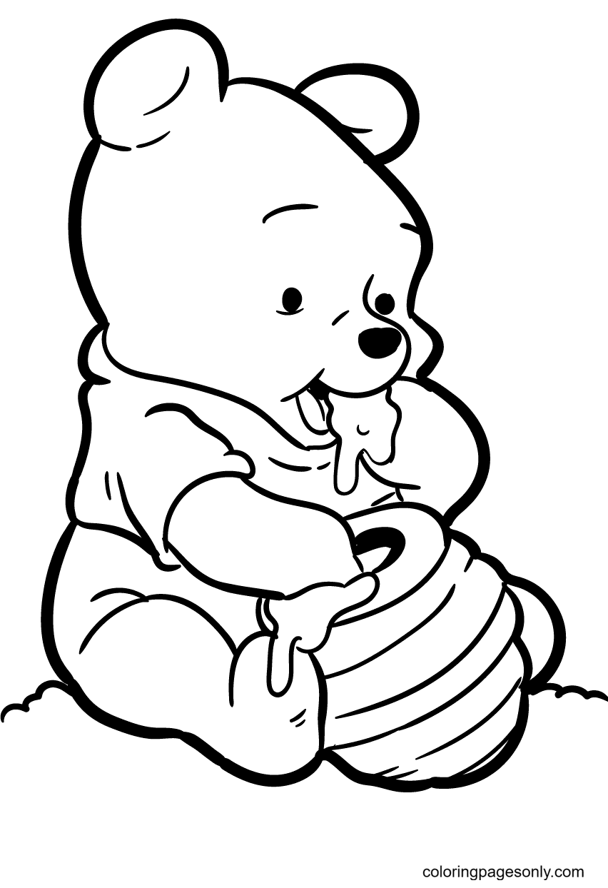 Baby Winnie geniet van honingpotjes van Winnie de Poeh