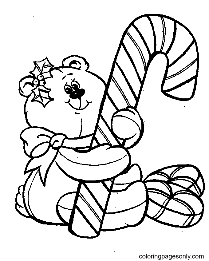 Bear Hugs Christmas Candy Cane Coloring Page
