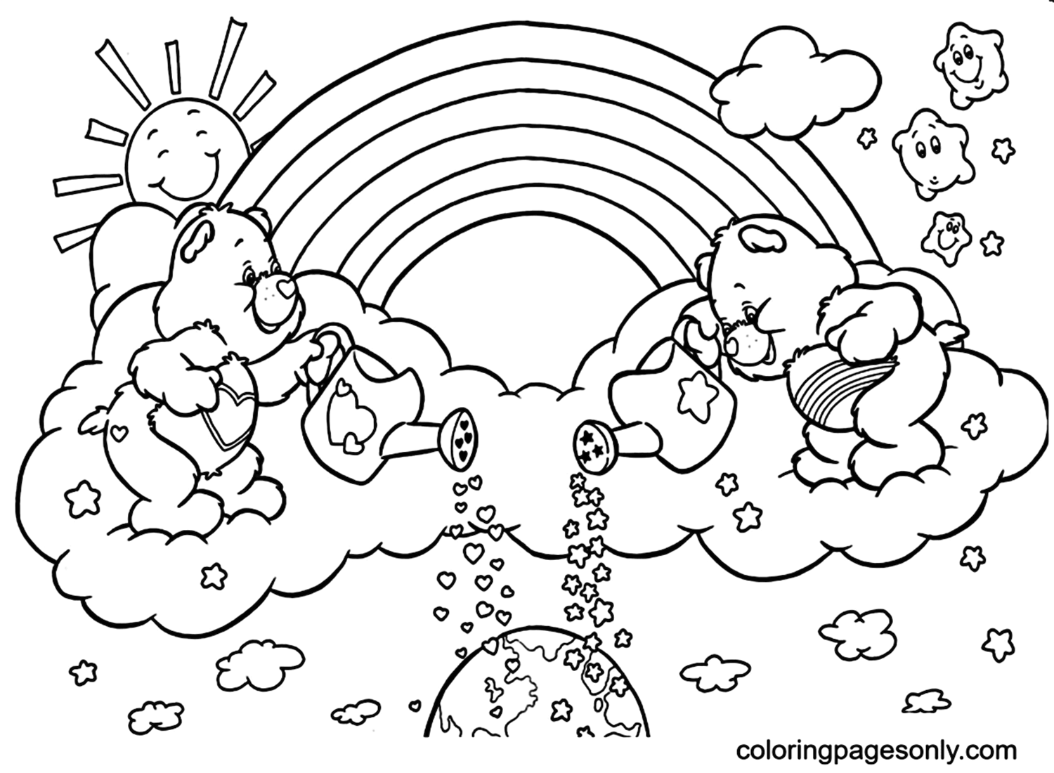 Bears On The Cloud And Rainbow Coloring Page